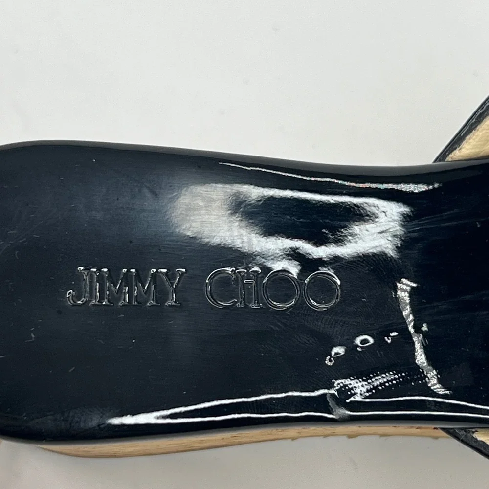 JIMMY CHOO Black Pandora Patent Leather Cork Wedge Platform Sandals 7 (37)